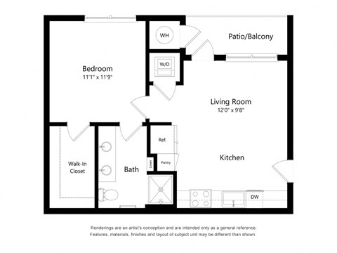 Floor plan for 1 bed, 1 bath, 576 sqft